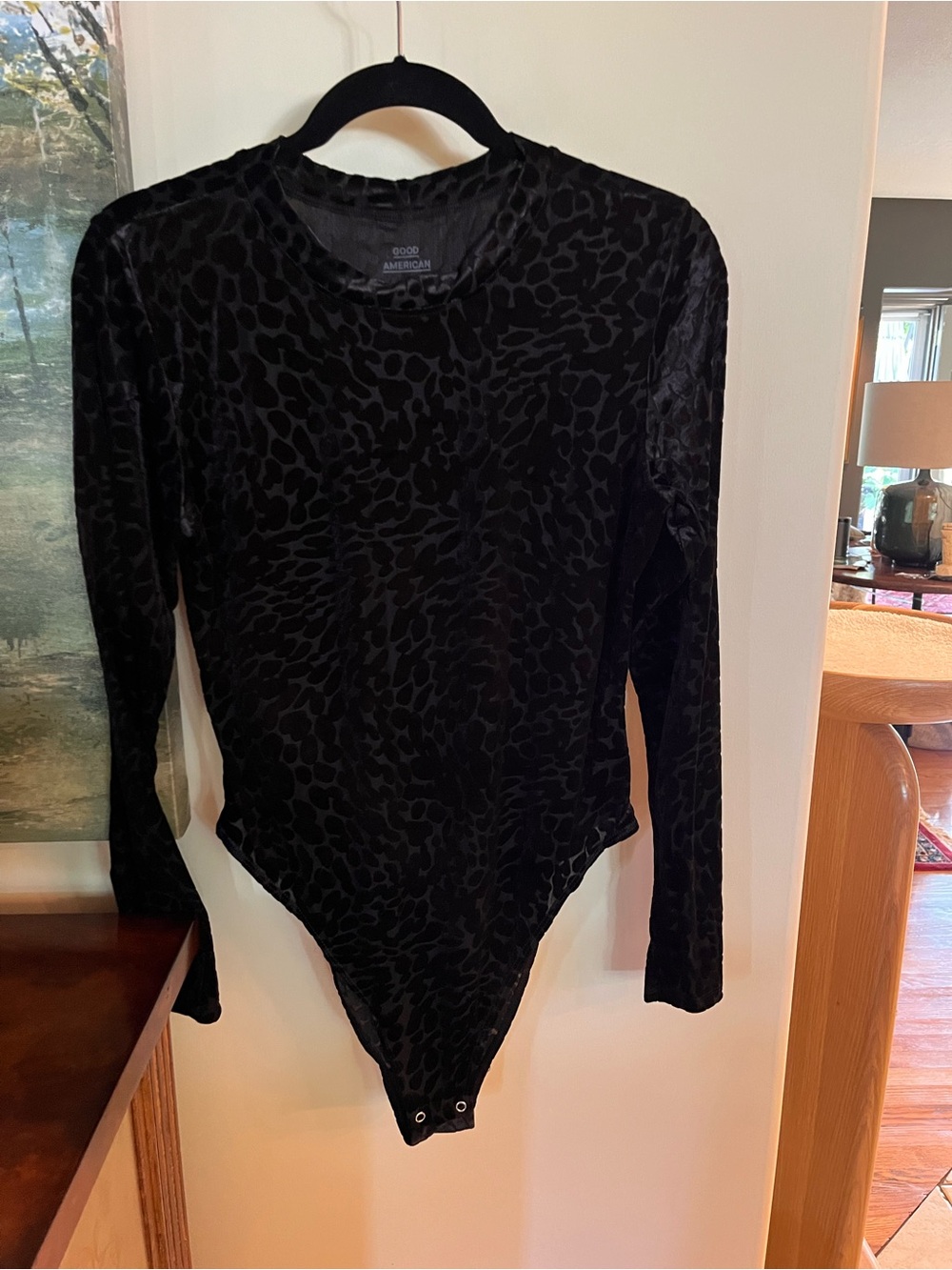 Good American Black Velvet and Mesh Leopard Long-Sleeve Bodysuit